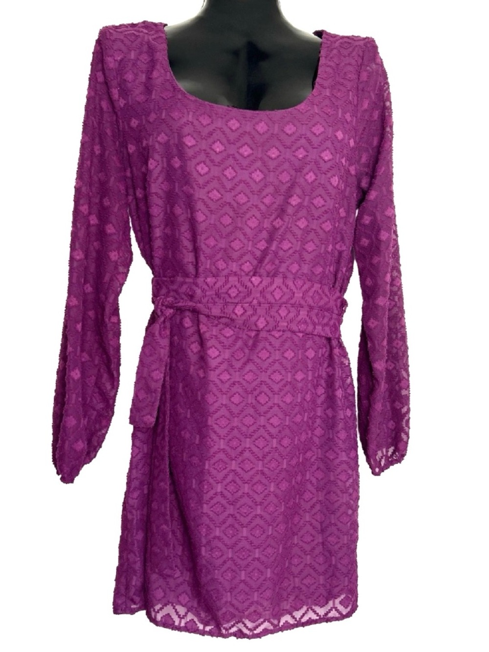 Francesca's Collections Magenta Lace Belted Long-Sleeve Dress